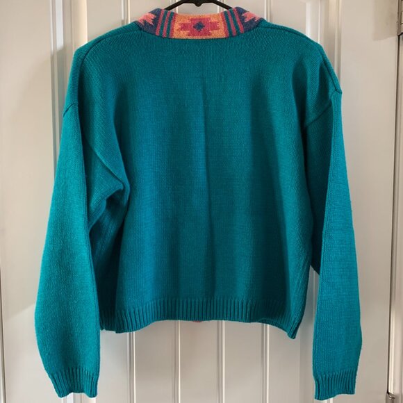 Nuovo Vintage Womens Teal Aztec Print V Neck Button Cardigan Ramie Cotton Blend - Picture 6 of 6